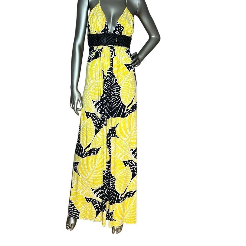 NWOT Sky Yellow & Black Tropical Print Maxi Dress S XS (020)